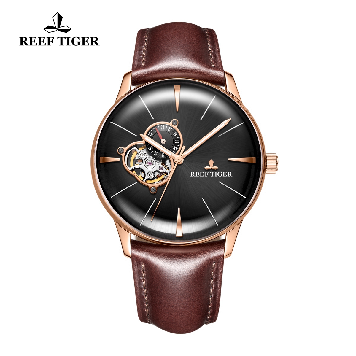 Reef Tiger Classic Glory Men's Automatic Watch Black Dial Leather Strap RGA8239-PBBH