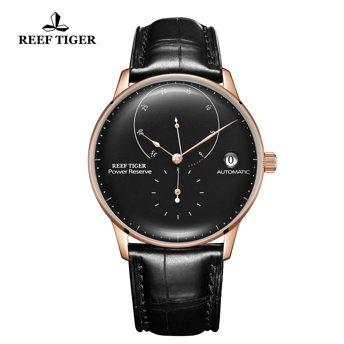 Reef Tiger Seattle Navy II Top Brand Luxury Rose Gold Black Dial Leather Automatic Watch RGA82B0-2-PBB