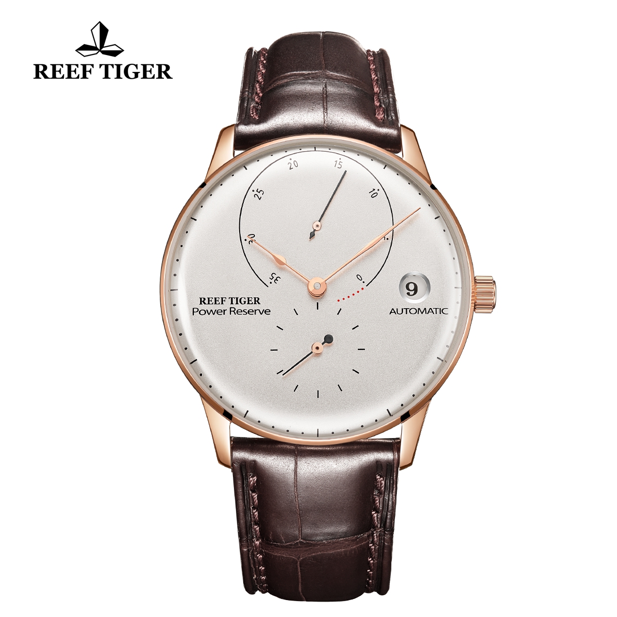 Reef Tiger Seattle Navy II Top Brand Luxury Rose Gold White Dial Leather Automatic Watch RGA82B0-2-YWS