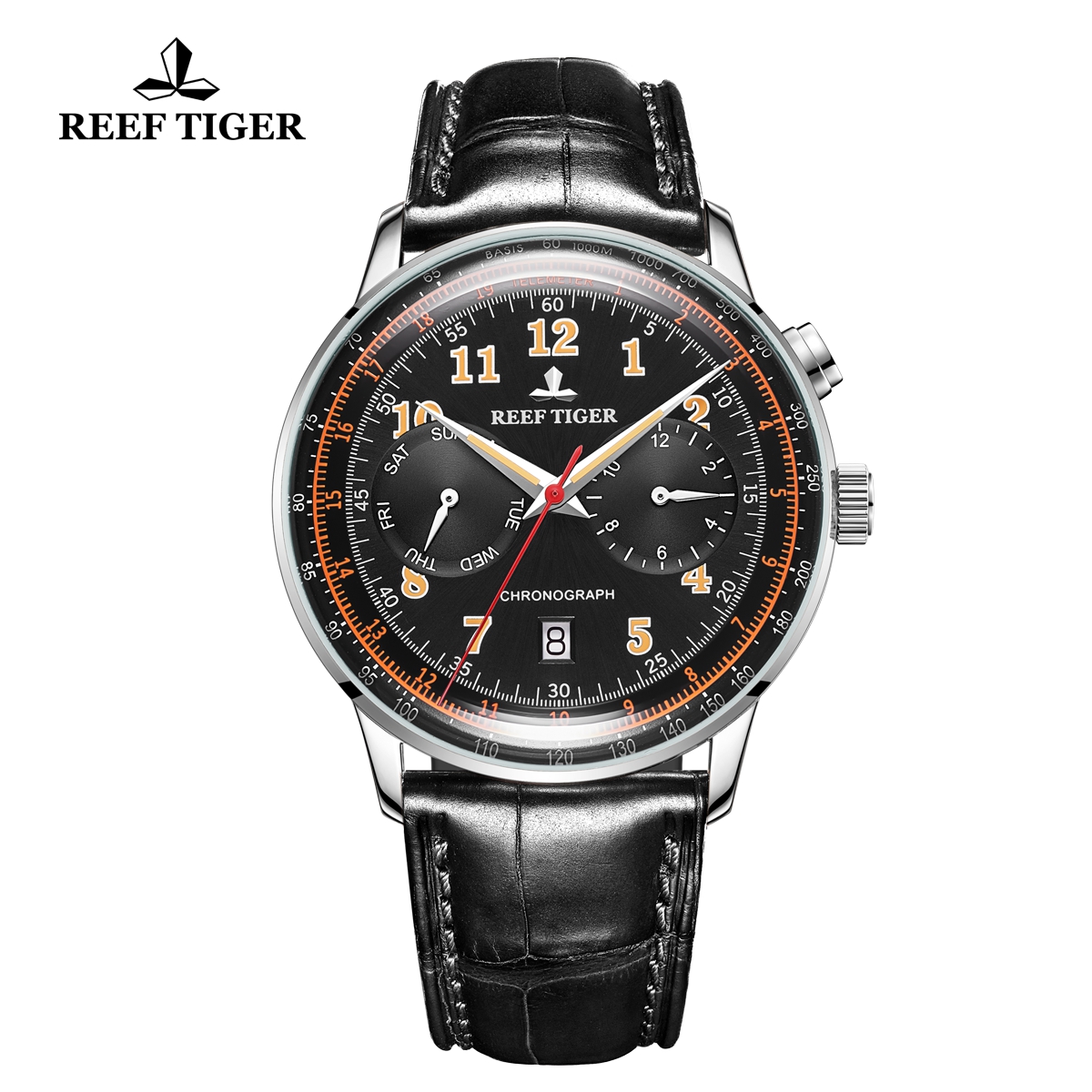 Reef Tiger Limited Edition Luxury Ventage Stainless Steel Black Dial Leather Automatic Watch RGA9122-YBBO