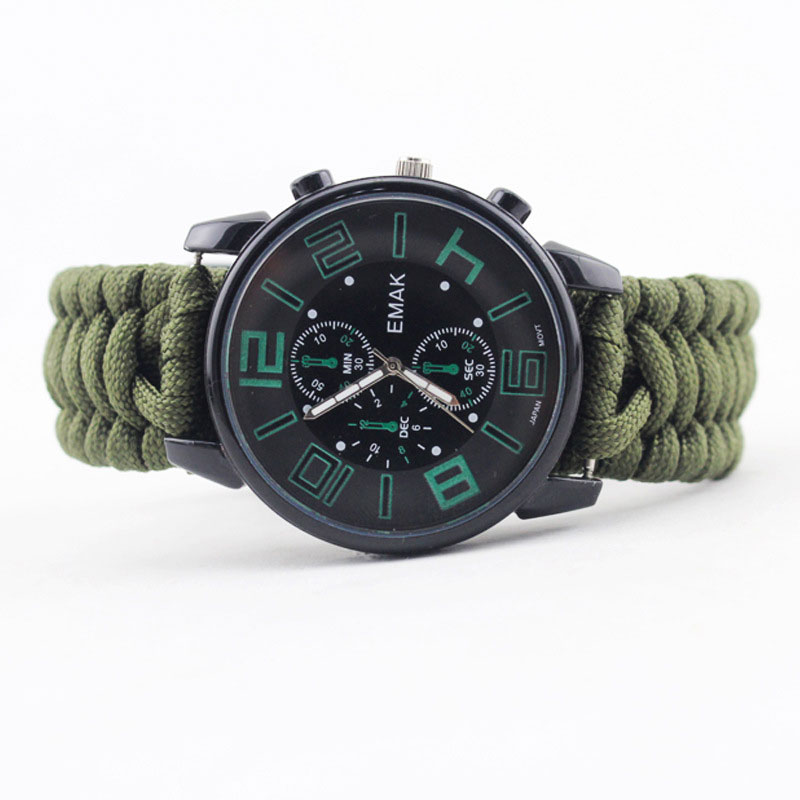7 Feet Paracord Wristwatch Hiking Survival Watch Luminous With Whistle Flint Compass